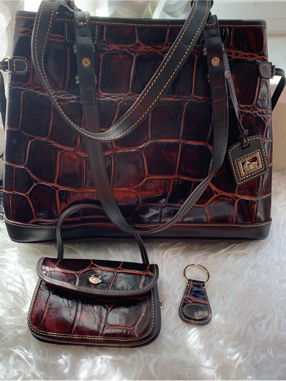 Dark Brown Croc-Embossed Leather Tote Bag with Matching Pouch